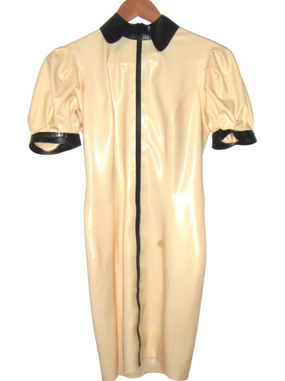 Libidex White Alice Latex Mini Dress Short Puff Sleeves Black Trim M